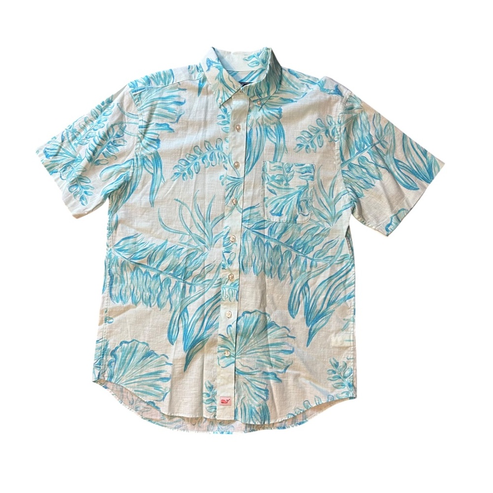 Vineyard Vines Murray Shirt Men Medium Short Sleeve Seaweed Print White Blue EUC